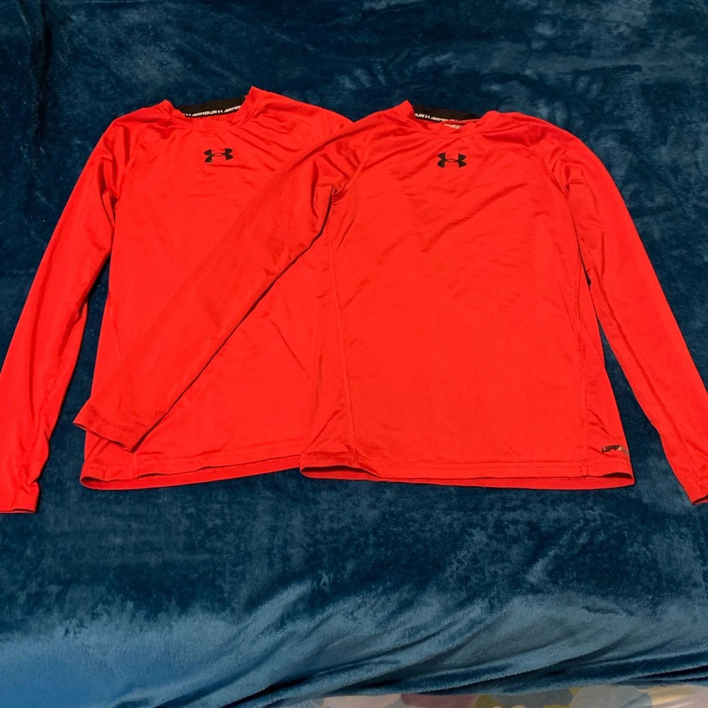 Two Red Under Armour Fitted Heat-Gear Shirts